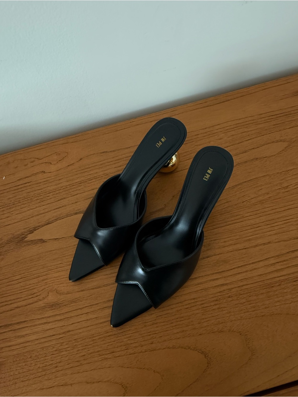 JW PEI Black Pointed Slip-On Mules with Gold Orb Heel